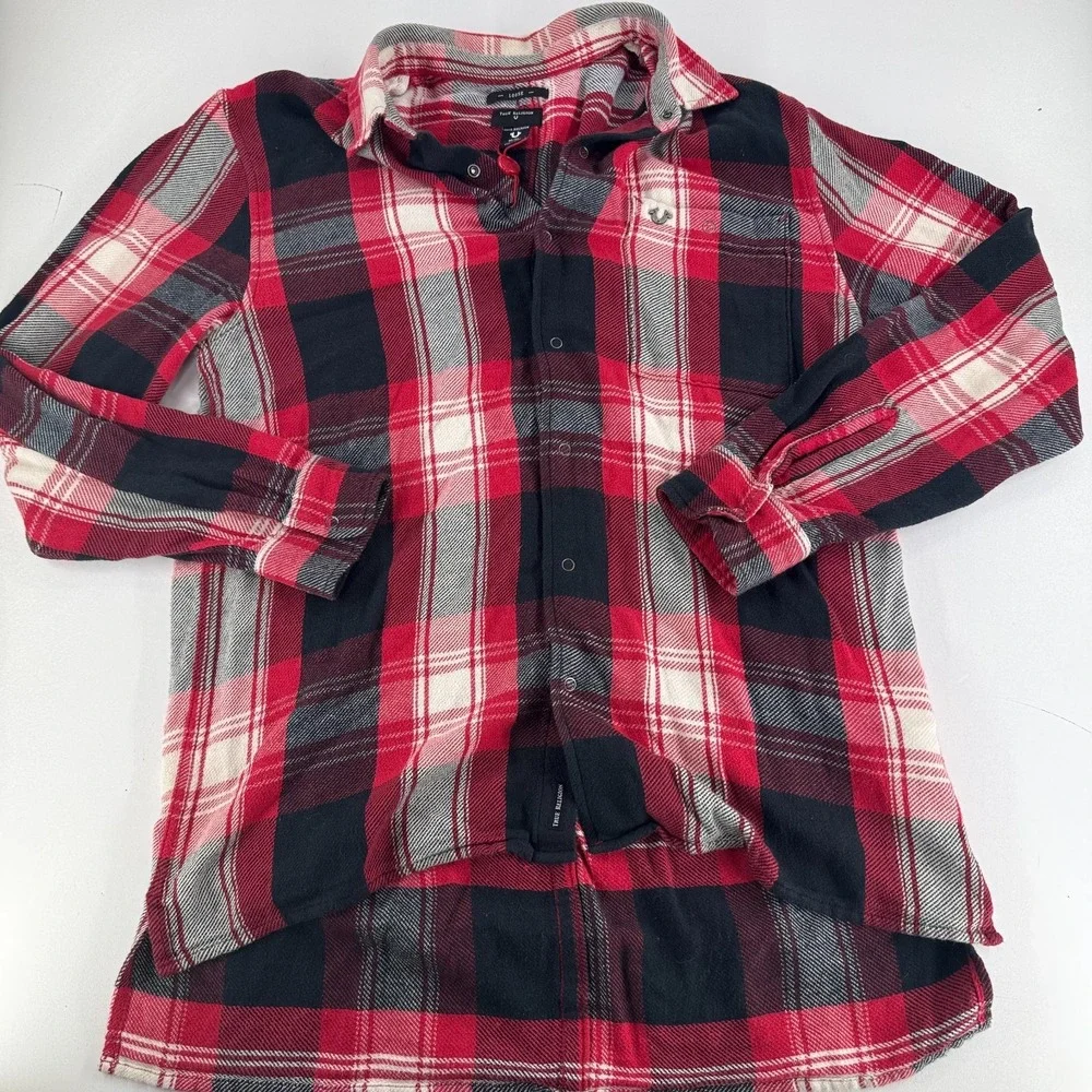 True Religion Shirt Red Black Plaid Long Sleeve MENS Loose Fit Cotton Twill MED